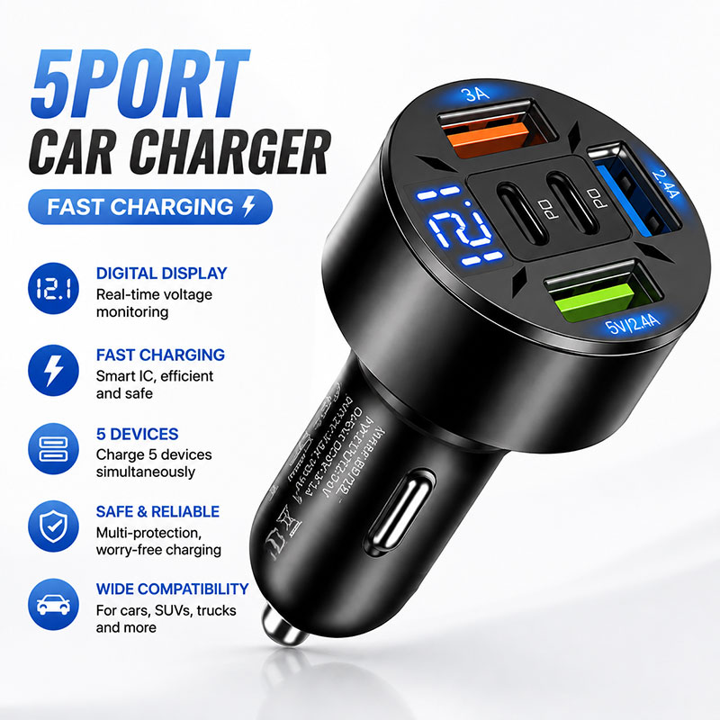 Travel Plug Type C - 5Port Car Charger for for iPhone